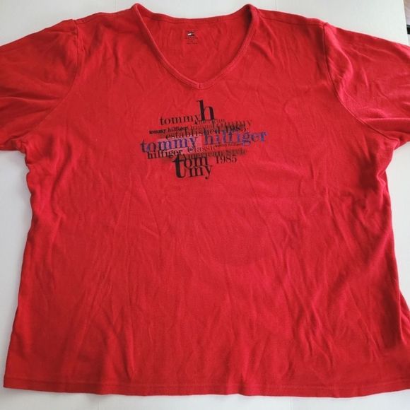 Tommy Hilfiger Tops - TOMMY HILFIGER Retro Y2K V Neck Tee Top T Shirt Womens 1X Red Logo Designer